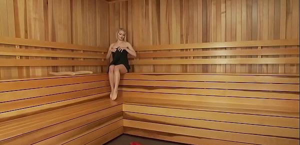  Blonde fucks machine in sauna